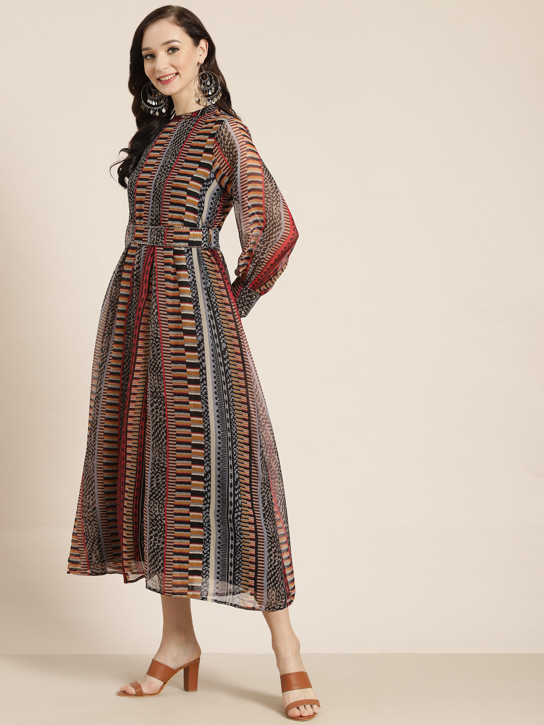 Juniper Womens Black Chiffon Printed Dress With Beautiful Belt 