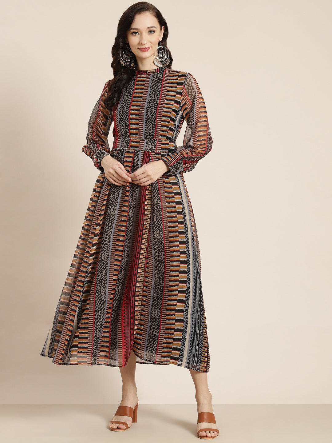Juniper Womens Black Chiffon Printed Dress With Beautiful Belt 