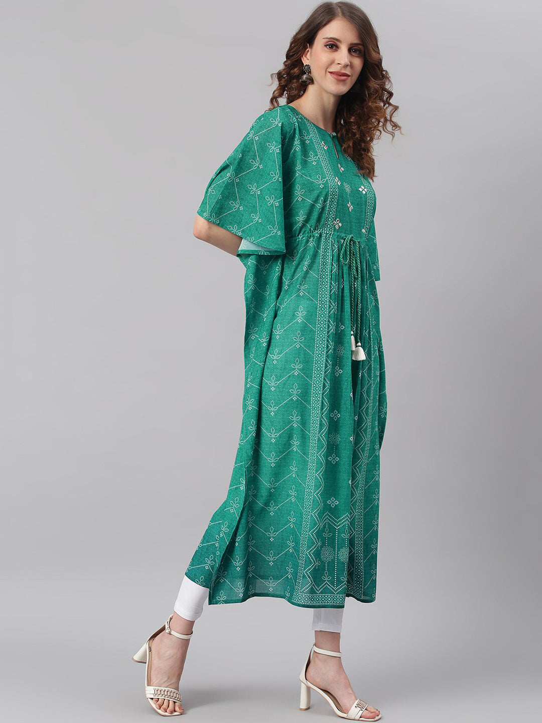 Janasya Women Green Ethnic Motifs Printed Keyhole Neck Flared Sleeves Georgette Kaftan Kurta