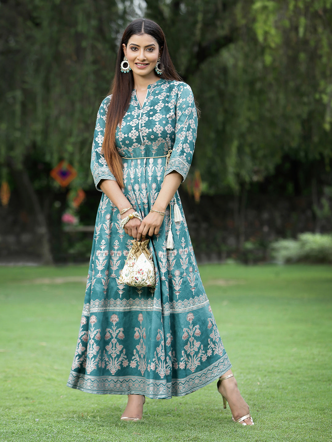 Juniper Womens Teal Floral Motifs Printed Maxi Dress