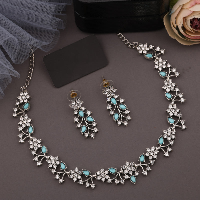 Tehzeeb Creations Silver Pleated White Diamond With Sky Blue Beads Necklace Set Tehzeeb Creations