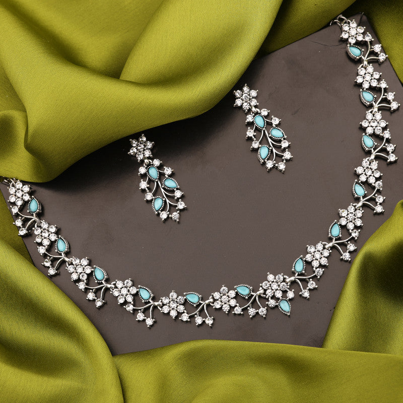 Tehzeeb Creations Silver Pleated White Diamond With Sky Blue Beads Necklace Set Tehzeeb Creations