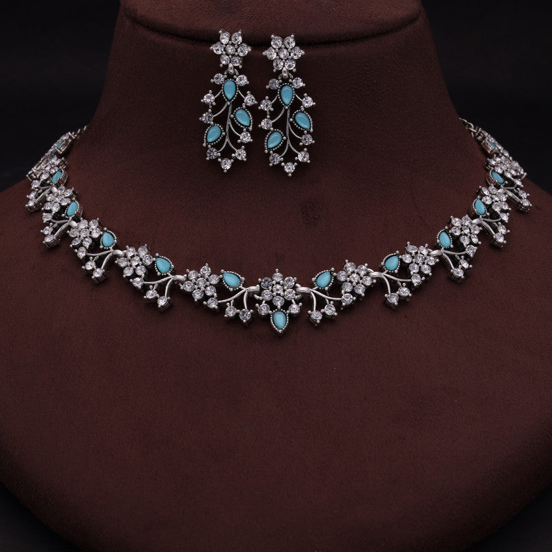 Tehzeeb Creations Silver Pleated White Diamond With Sky Blue Beads Necklace Set Tehzeeb Creations