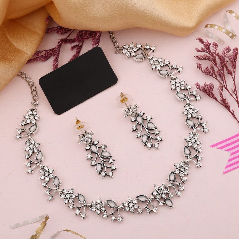 Tehzeeb Creations Silver Pleated White Diamond With White Beads Necklace Set Tehzeeb Creations