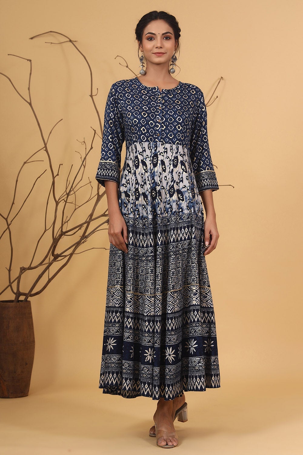 Juniper Women's Blue Rayon Printed Flared Dress