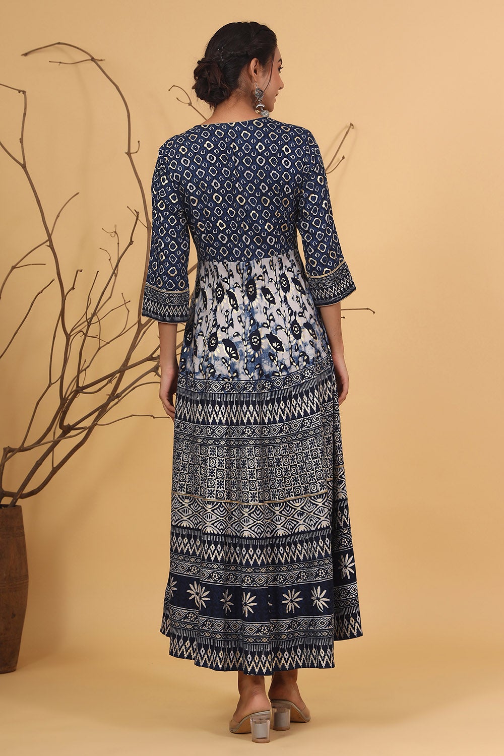 Juniper Women's Blue Rayon Printed Flared Dress