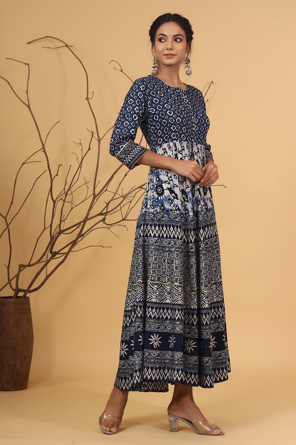 Juniper Women's Blue Rayon Printed Flared Dress