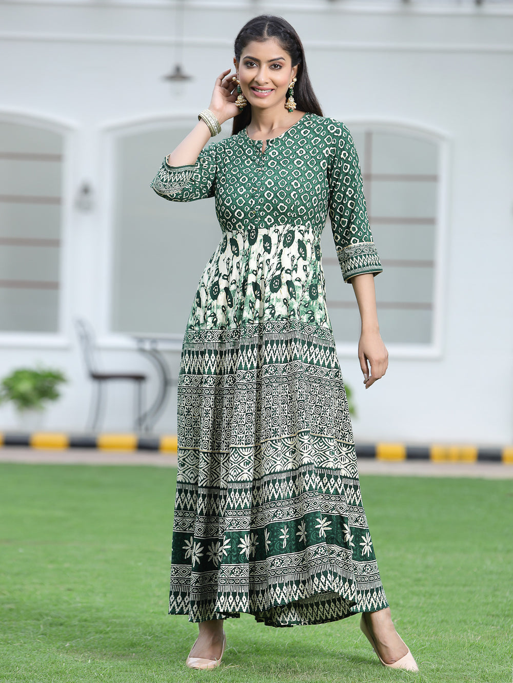 Juniper Women's Green Rayon Printed Flared Dress