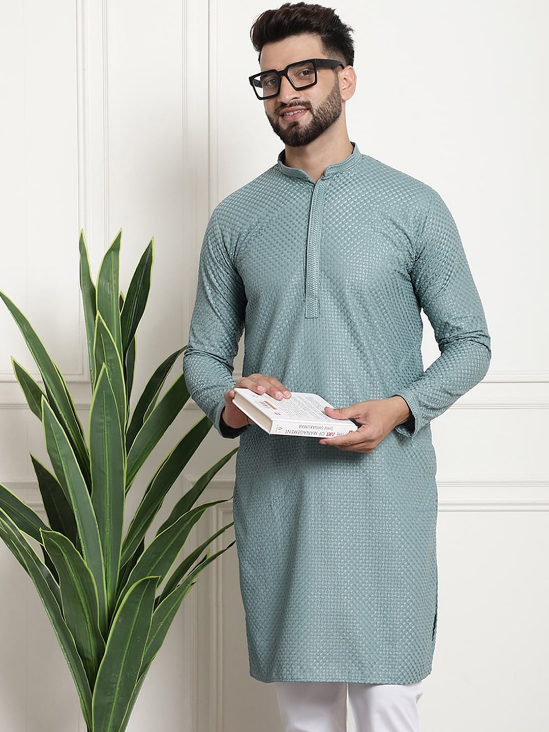 Sojanya Woven Design Mandarin Collar Straight Cotton Kurta 