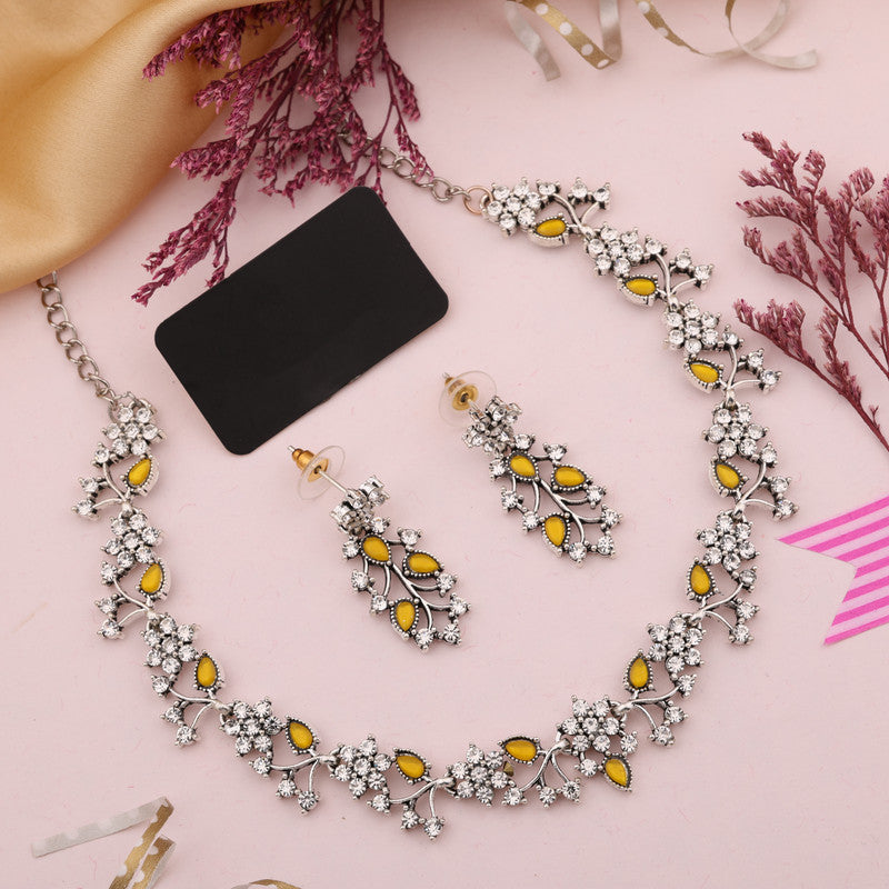 Tehzeeb Creations Silver Pleated White Diamond With Yellow Beads Necklace Set Tehzeeb Creations