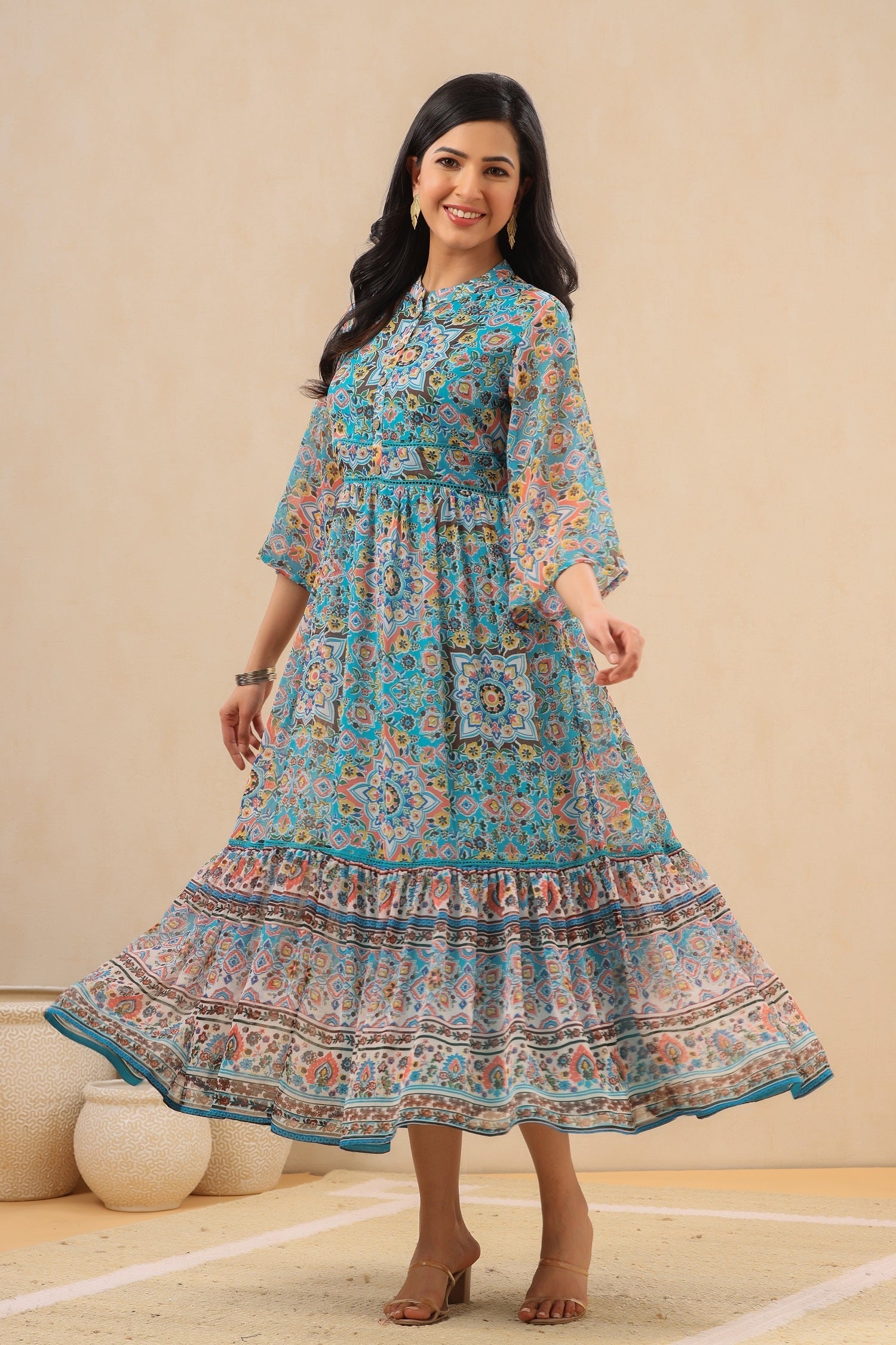 Juniper Womens Aqua Blue Chiffon Digital Printed Tiered Maxi Dress 