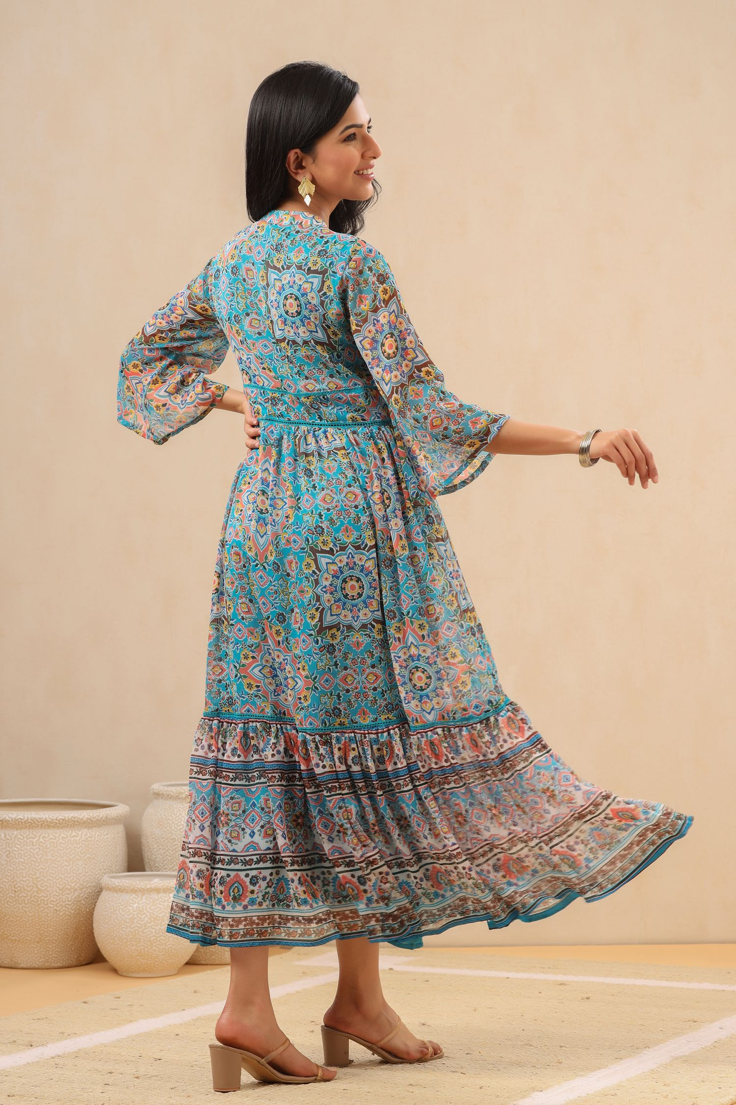 Juniper Womens Aqua Blue Chiffon Digital Printed Tiered Maxi Dress 