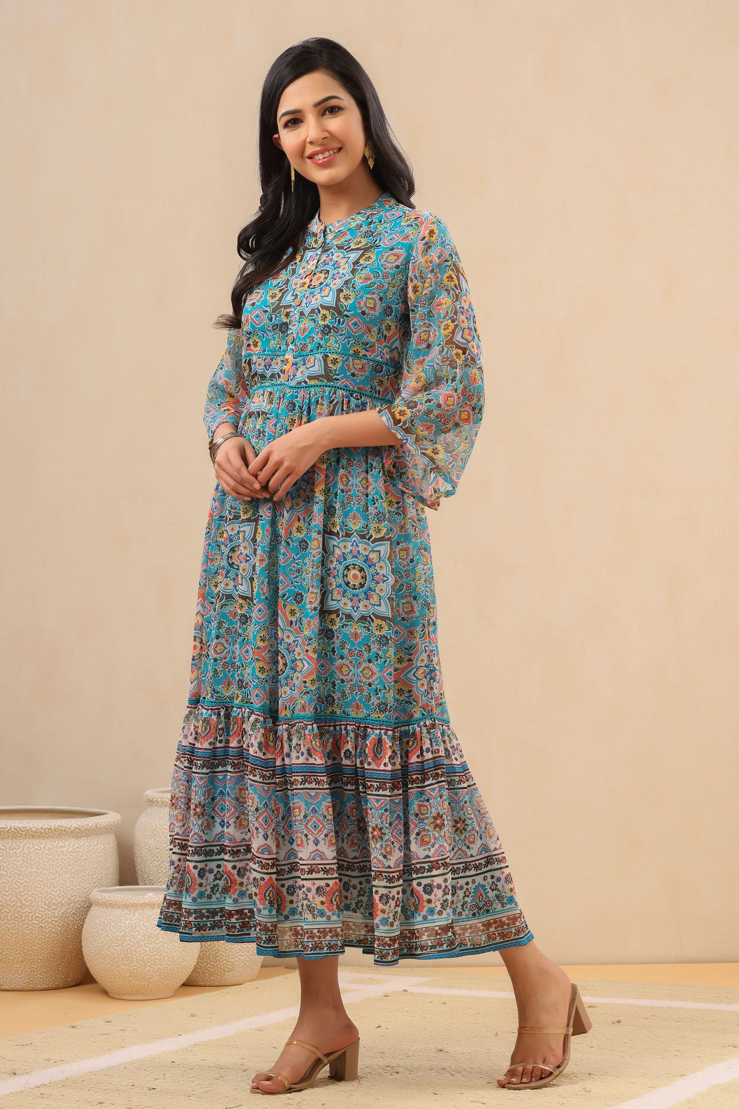 Juniper Womens Aqua Blue Chiffon Digital Printed Tiered Maxi Dress 