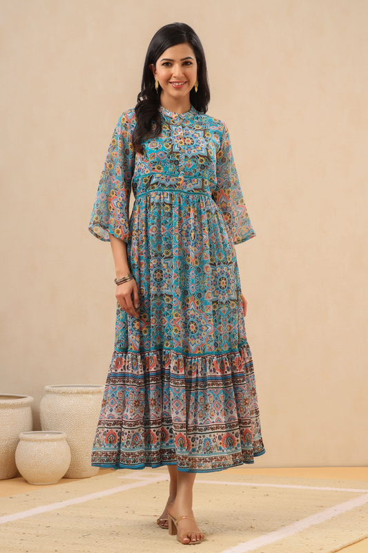 Juniper Womens Aqua Blue Chiffon Digital Printed Tiered Maxi Dress 