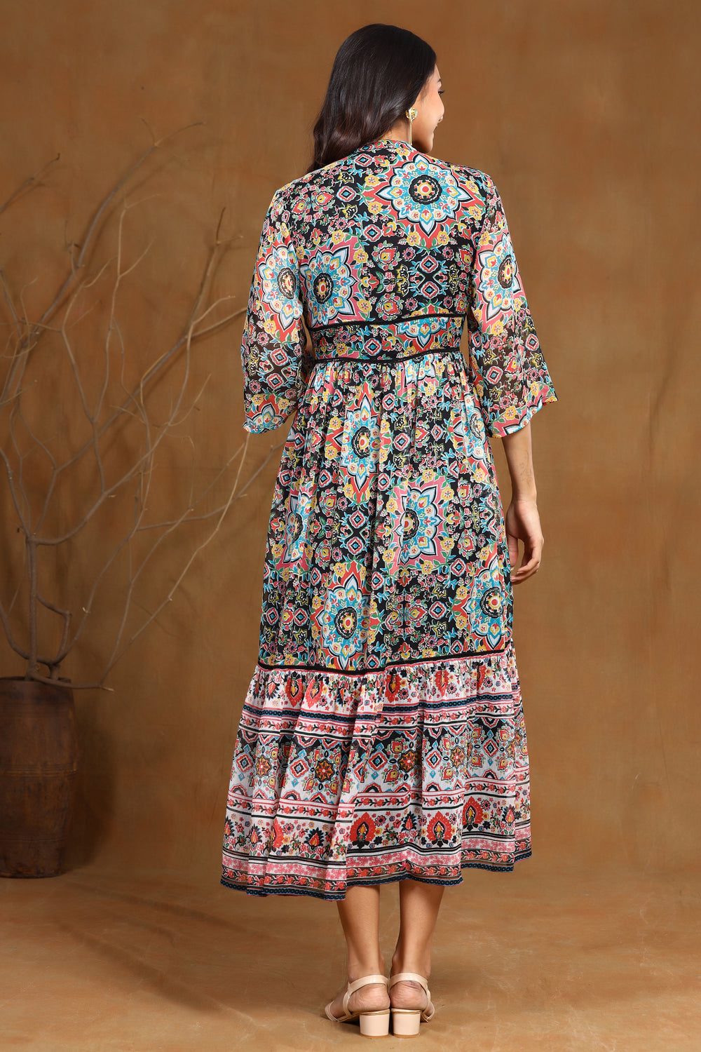 Juniper Women's Black Chiffon Printed Tiered Dress 
