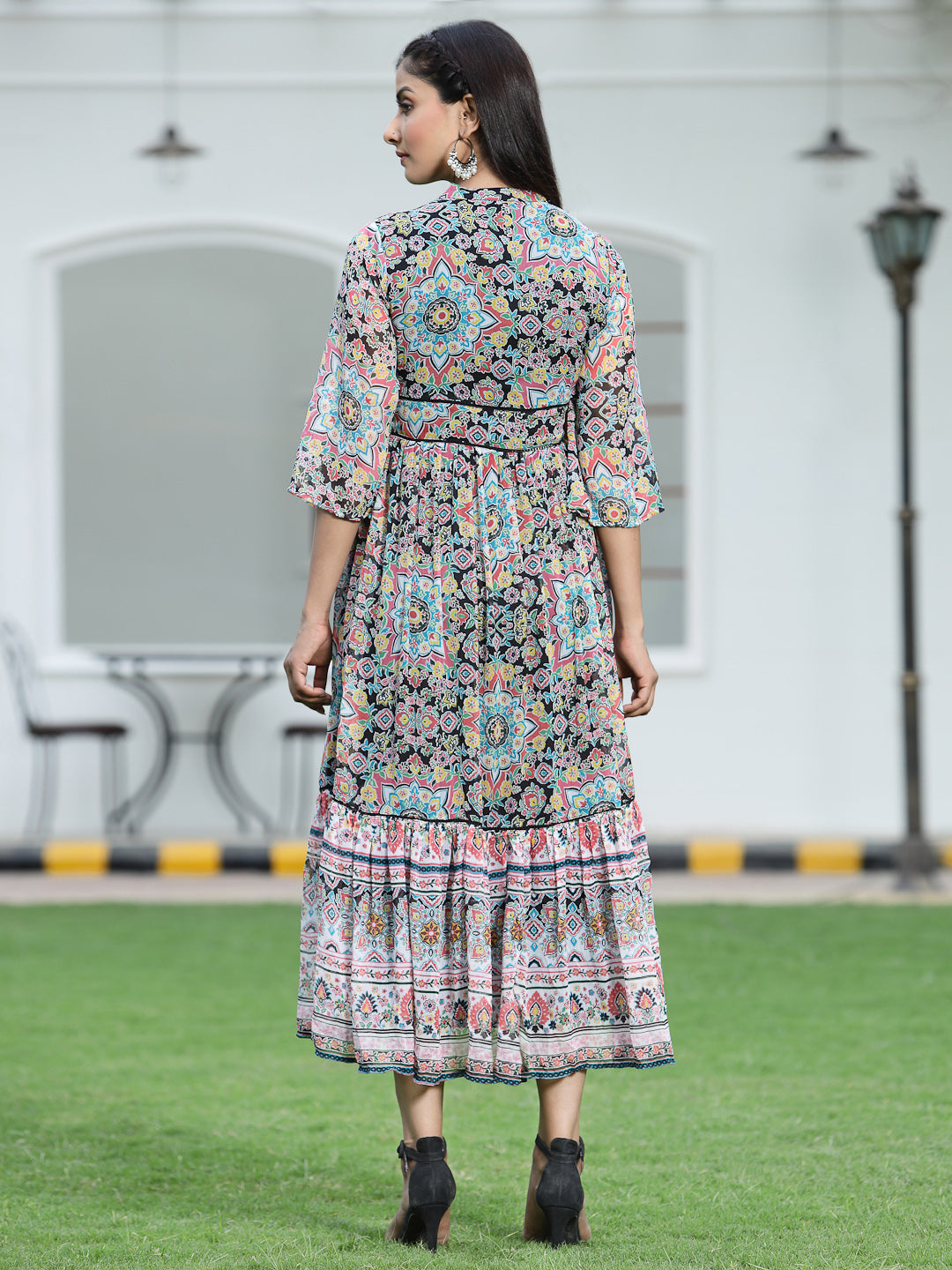 Juniper Womens Black Chiffon Digital Printed Tiered Maxi Dress 