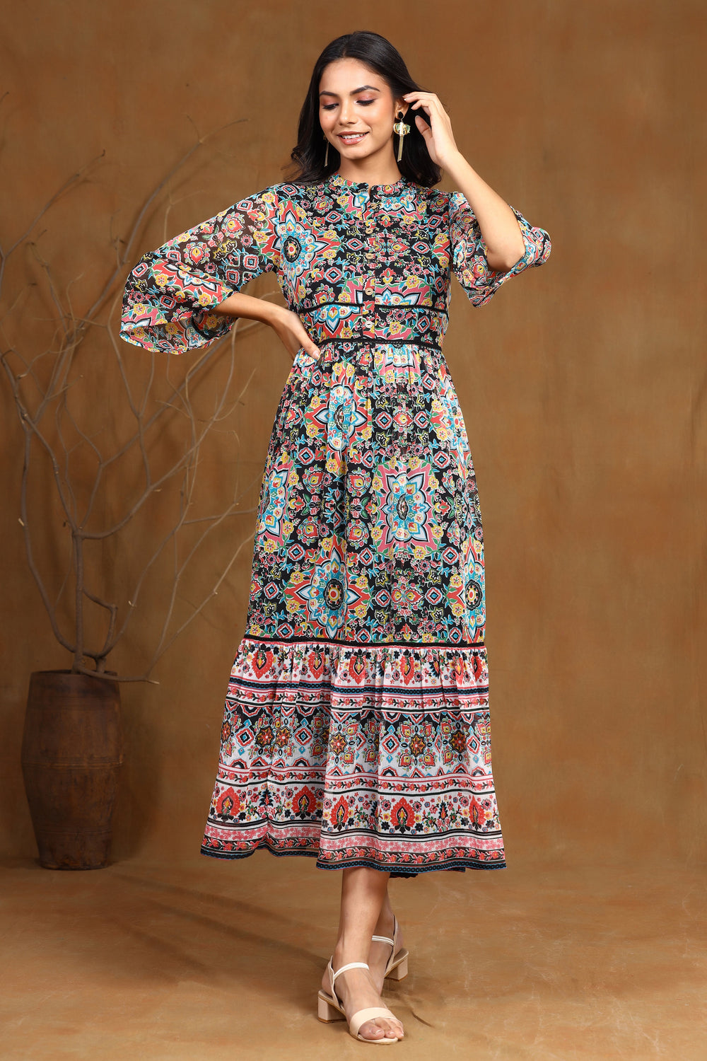 Juniper Women's Black Chiffon Printed Tiered Dress 