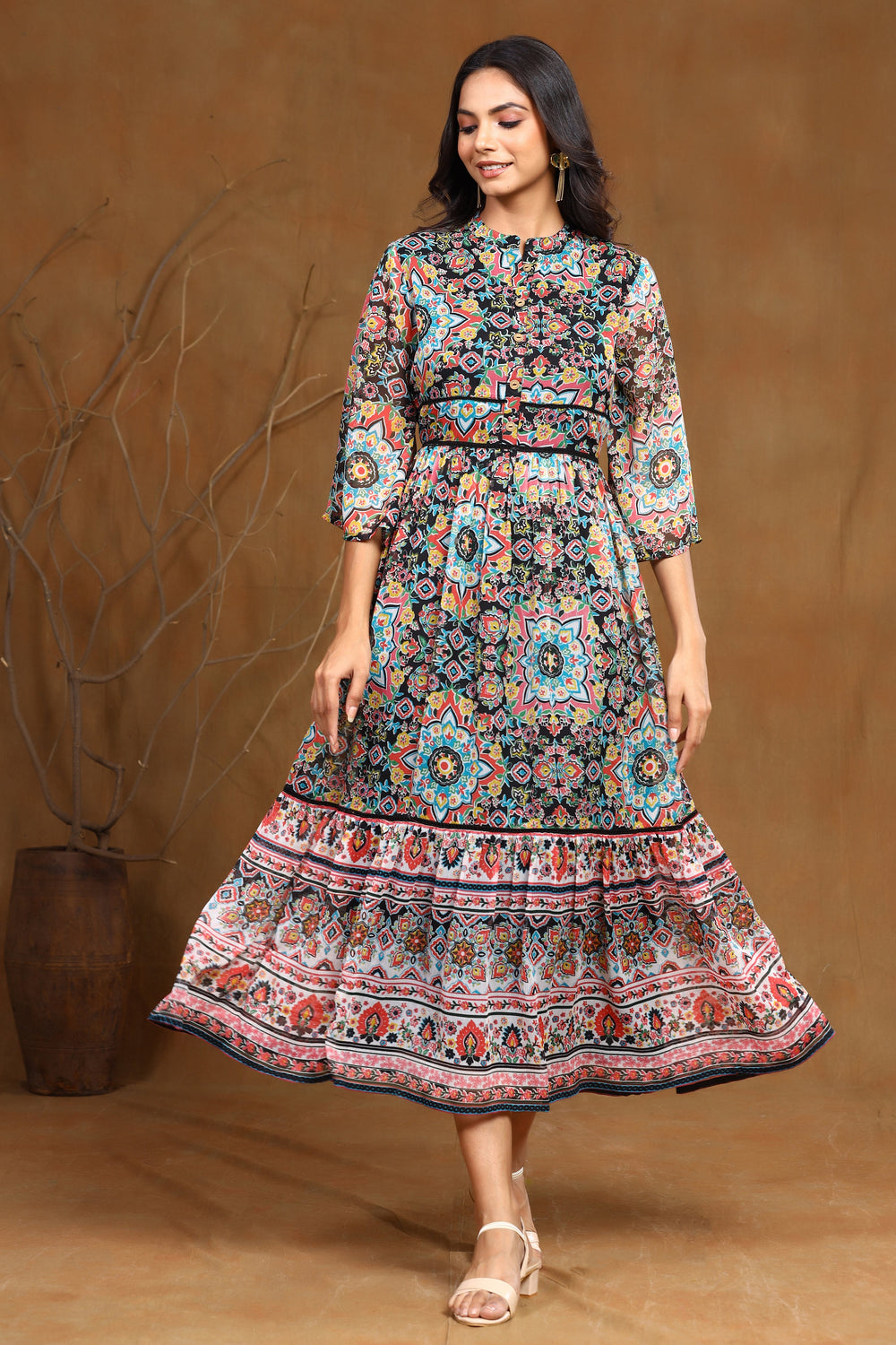 Juniper Women's Black Chiffon Printed Tiered Dress 