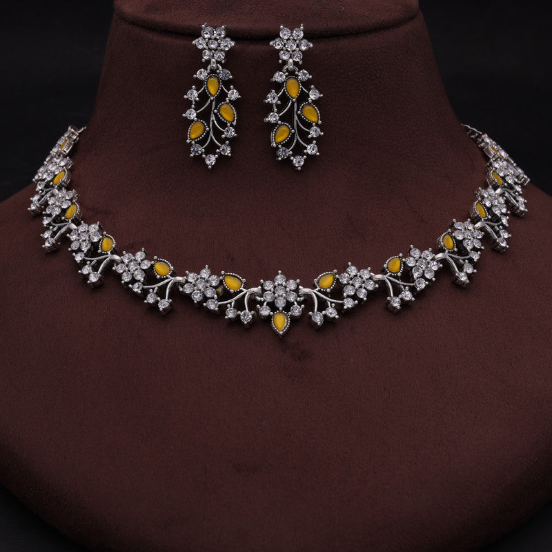 Tehzeeb Creations Silver Pleated White Diamond With Yellow Beads Necklace Set Tehzeeb Creations