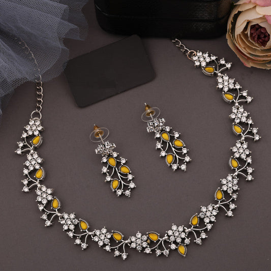 Tehzeeb Creations Silver Pleated White Diamond With Yellow Beads Necklace Set Tehzeeb Creations