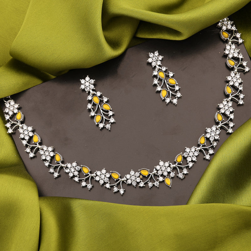 Tehzeeb Creations Silver Pleated White Diamond With Yellow Beads Necklace Set Tehzeeb Creations