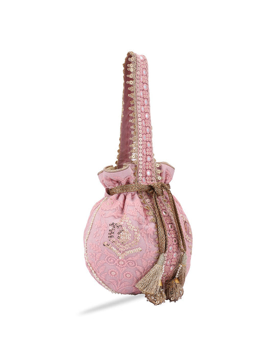 Masq Pink and Gold-Toned Embroidered Potli Clutch - Grab2buy