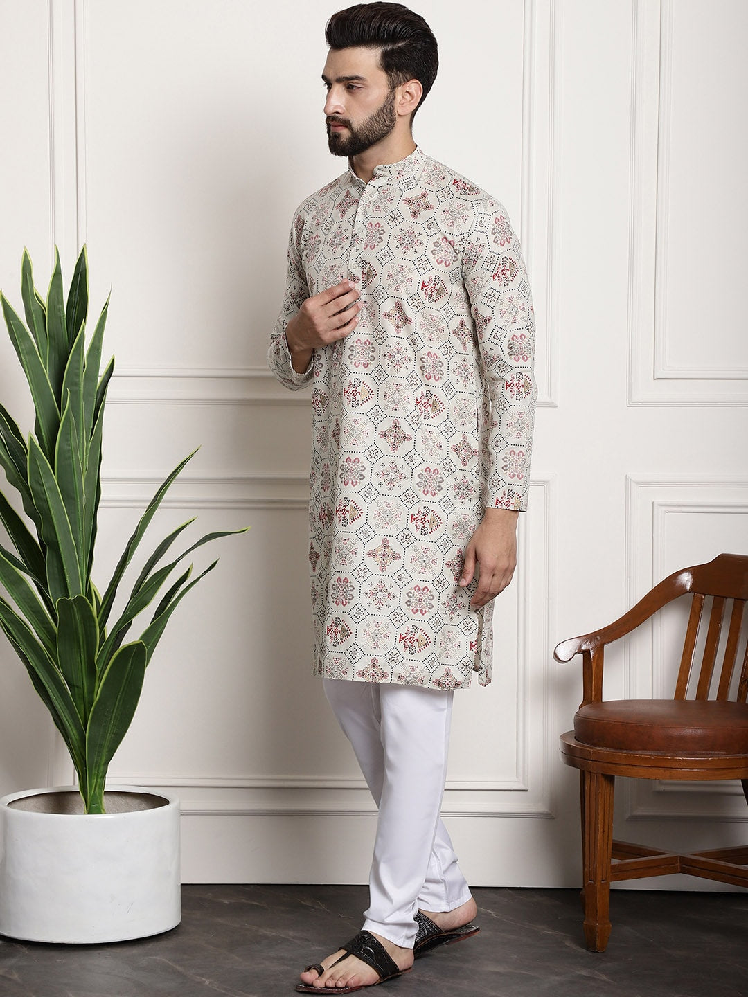 Sojanya Men Beige Printed Cotton Linen Kurta with Churidar 