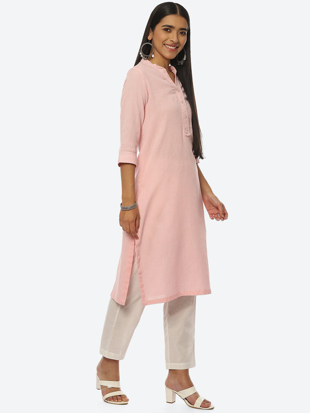 Biba Women Plus Size Pure Cotton Striped Mandarin Collar Kurta - Grab2buy