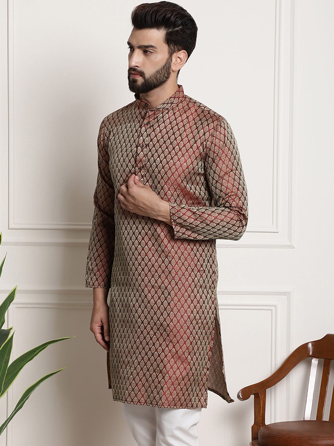 Sojanya Men Maroon & Golden Ethnic Motifs Jacquard Silk Kurta 