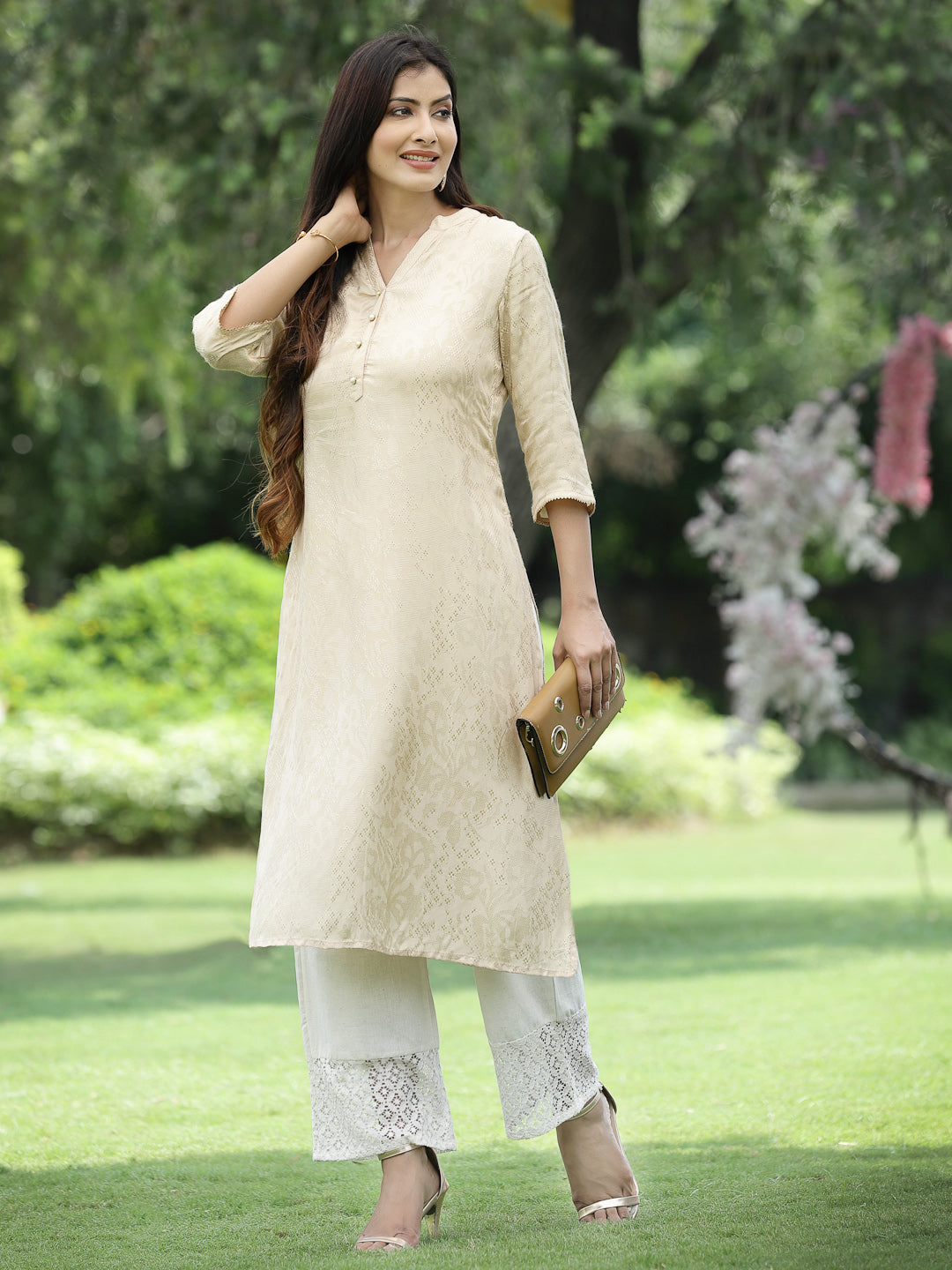 Juniper Womens Ivory Rayon Jacquard Straight Kurta