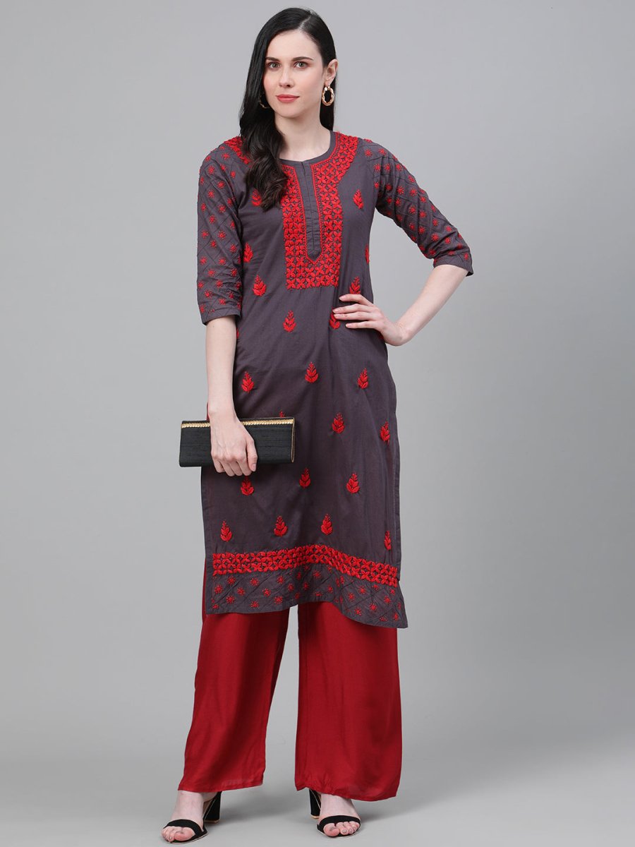 ADA Women Charcoal Grey & Red Chikankari Hand Embroidered Cotton Straight Sustainable Handloom Kurta 