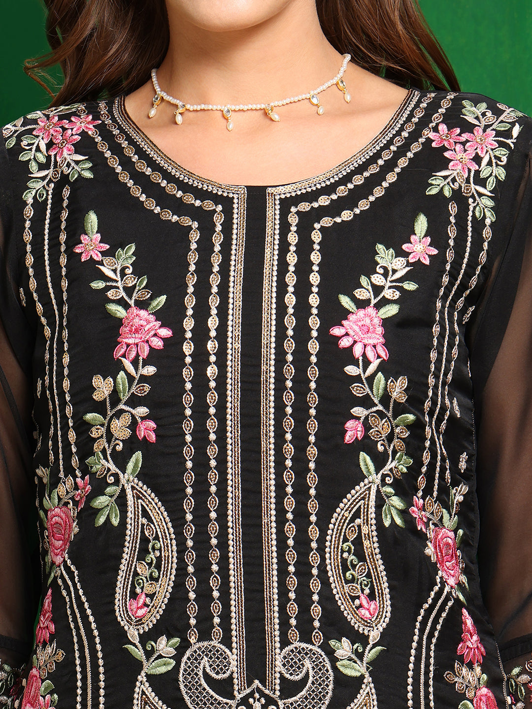 Pakistani Embroidered Kurta With Pant & Dupatta, Black - Hiral Fashion