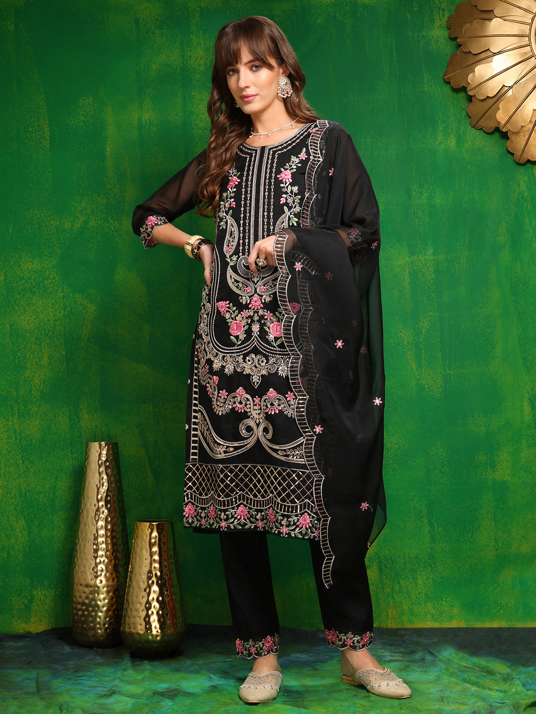 Pakistani Embroidered Kurta With Pant & Dupatta, Black - Hiral Fashion