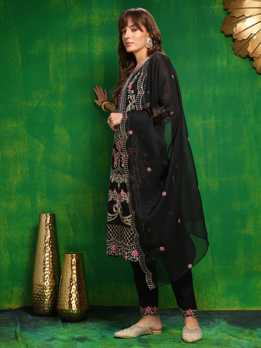 Pakistani Embroidered Kurta With Pant & Dupatta, Black - Hiral Fashion