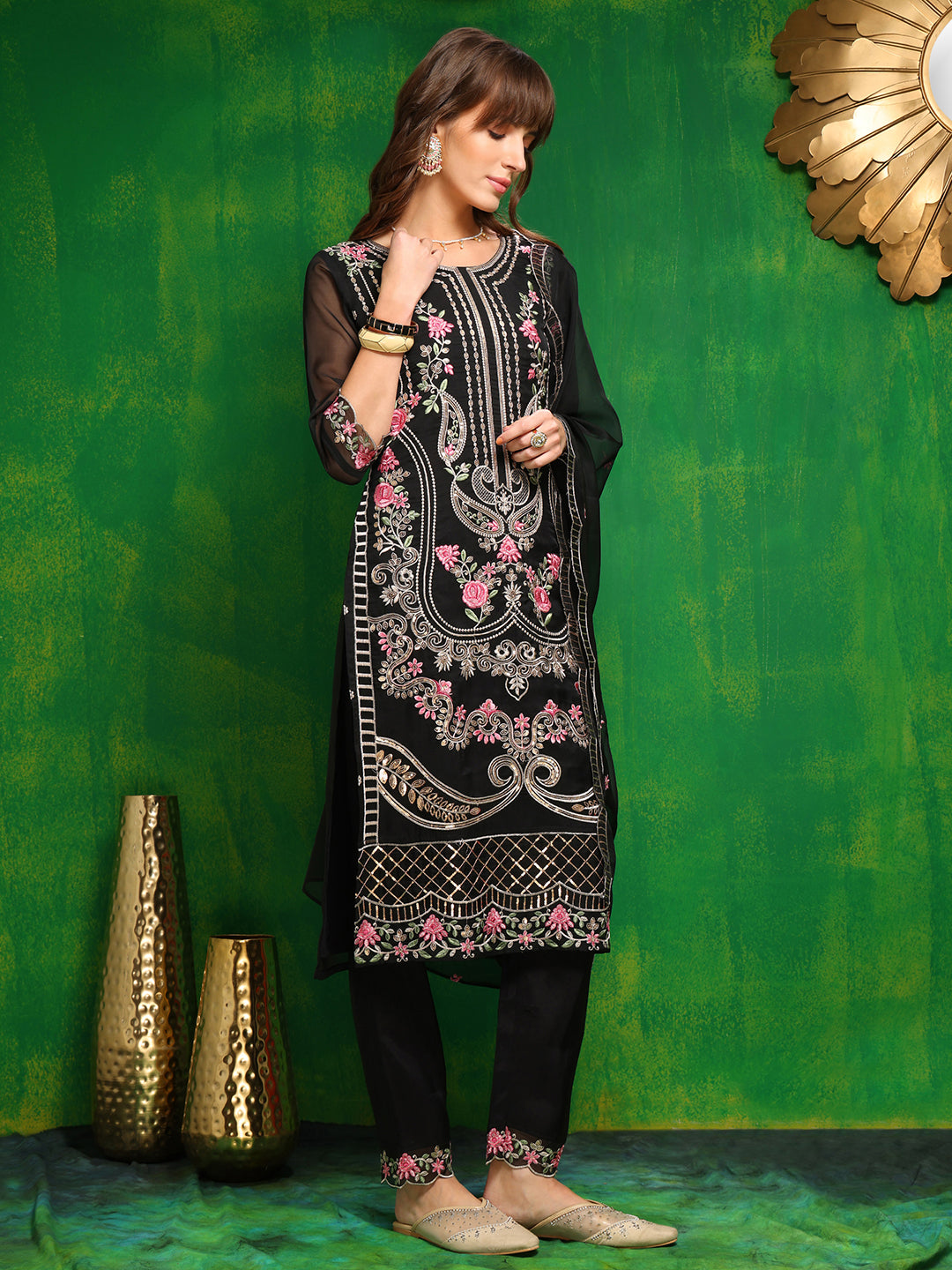 Pakistani Embroidered Kurta With Pant & Dupatta, Black - Hiral Fashion