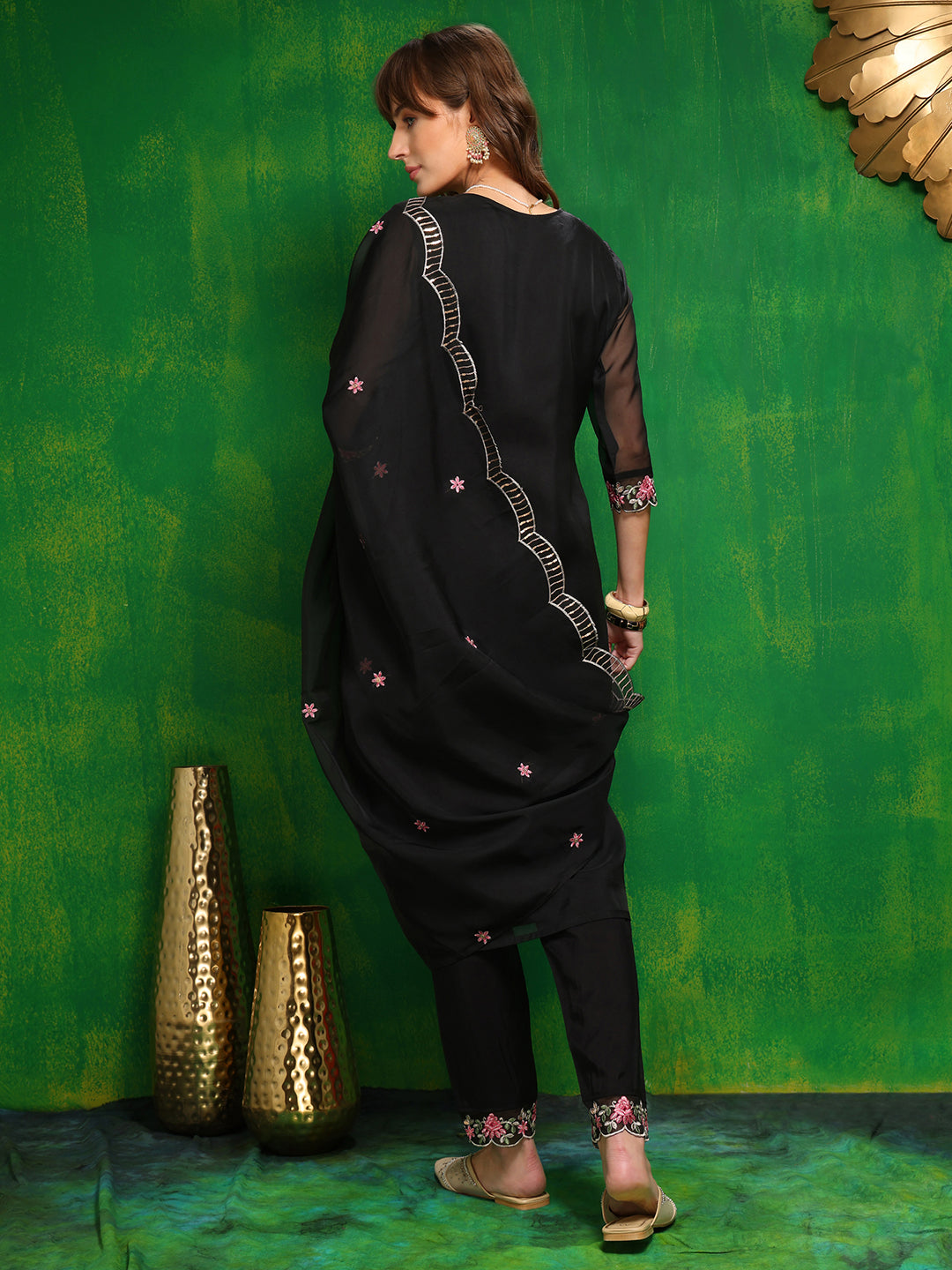 Pakistani Embroidered Kurta With Pant & Dupatta, Black - Hiral Fashion