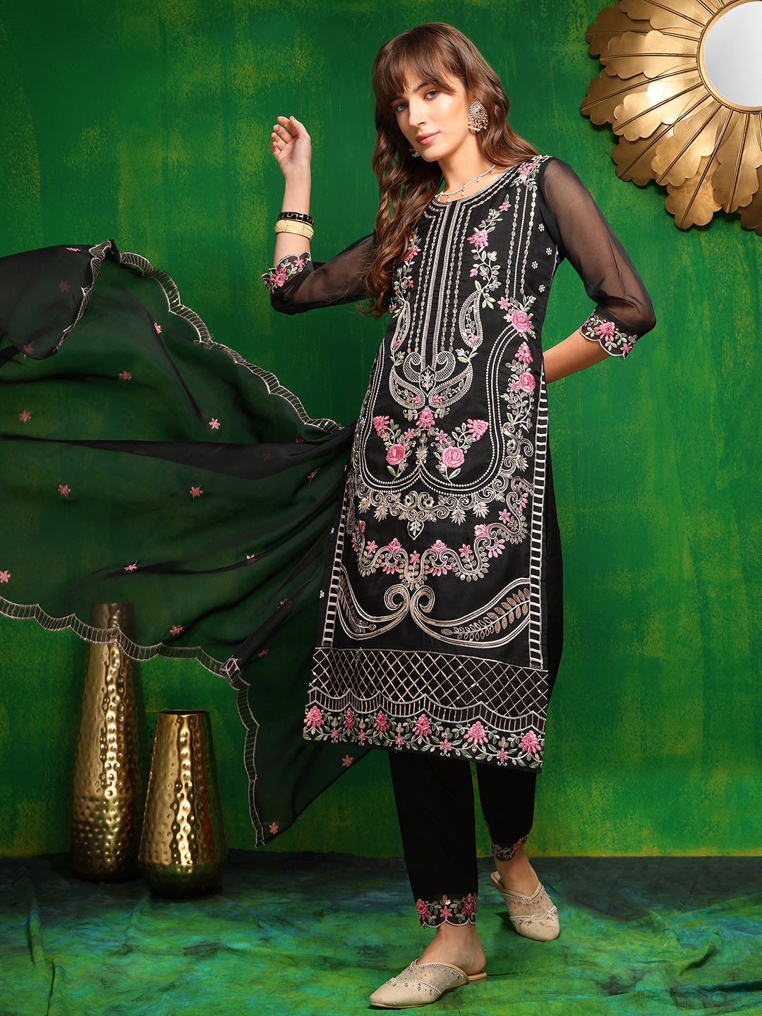 Pakistani Embroidered Kurta With Pant & Dupatta, Black - Hiral Fashion