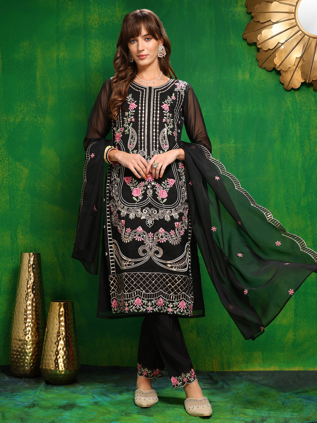 Pakistani Embroidered Kurta With Pant & Dupatta, Black - Hiral Fashion