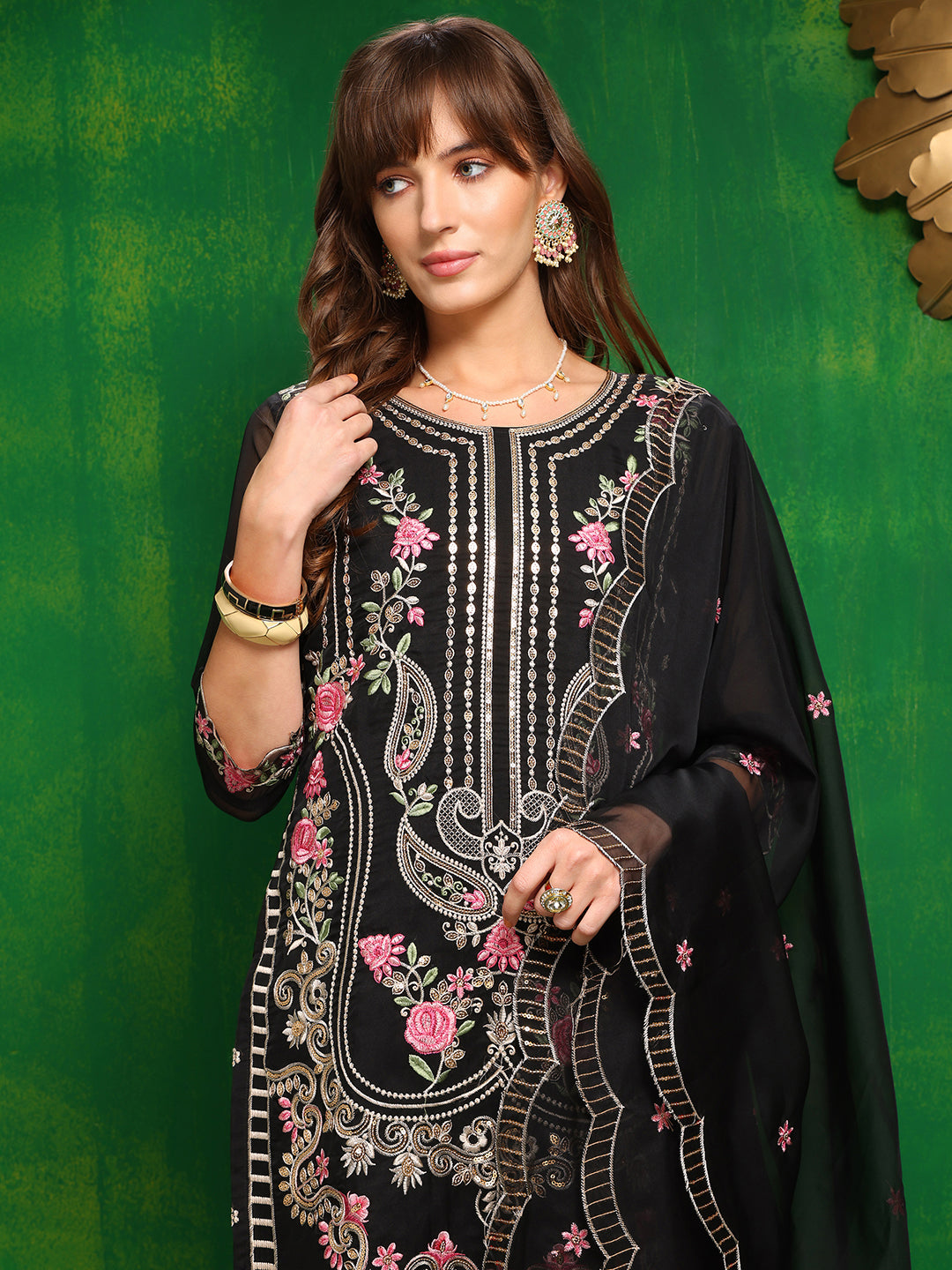 Pakistani Embroidered Kurta With Pant & Dupatta, Black - Hiral Fashion