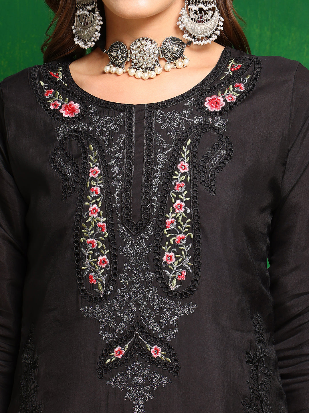Pakistani Embroidered Kurta With Pant & Dupatta, Black - Hiral Fashion