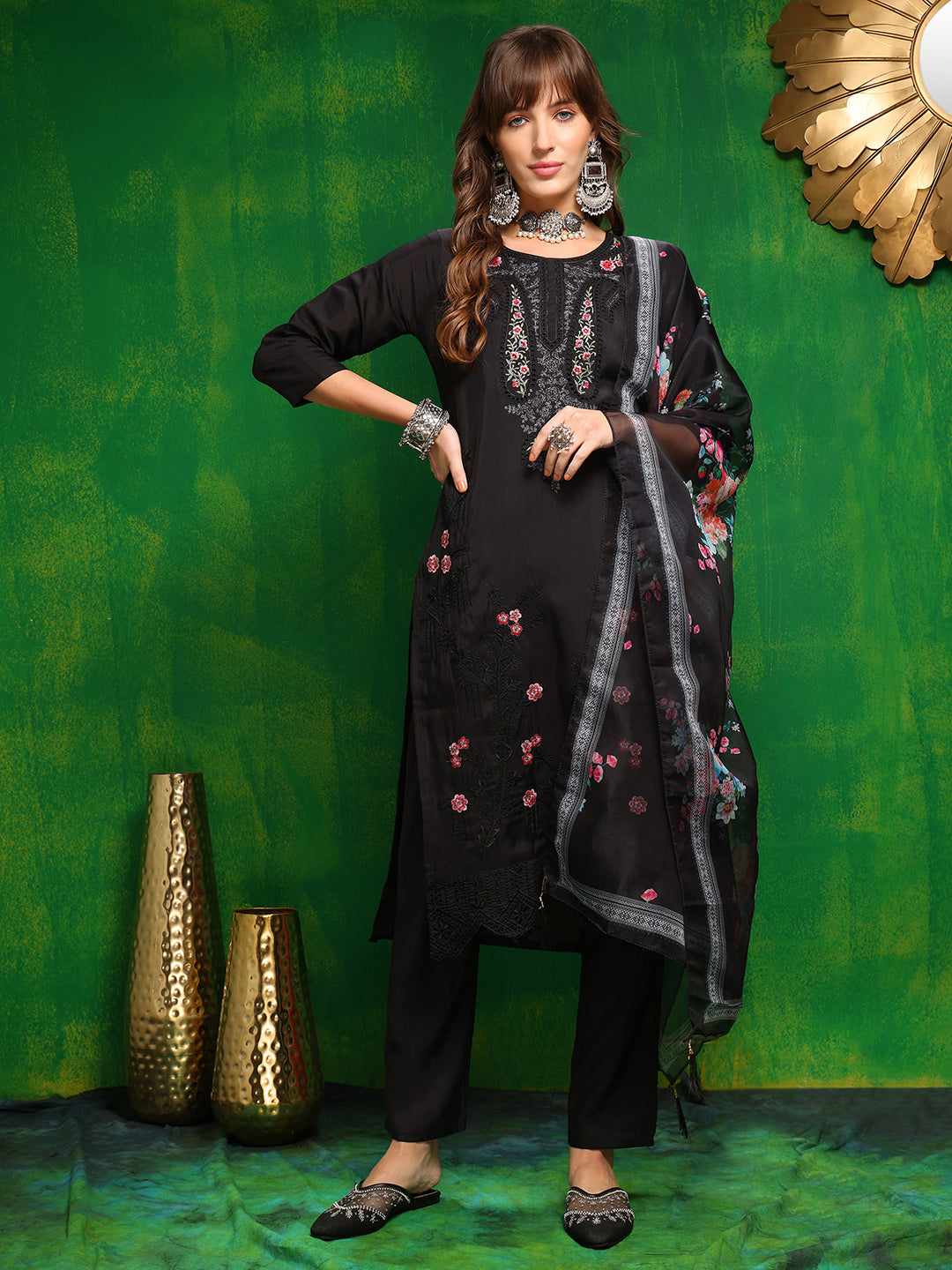 Pakistani Embroidered Kurta With Pant & Dupatta, Black - Hiral Fashion