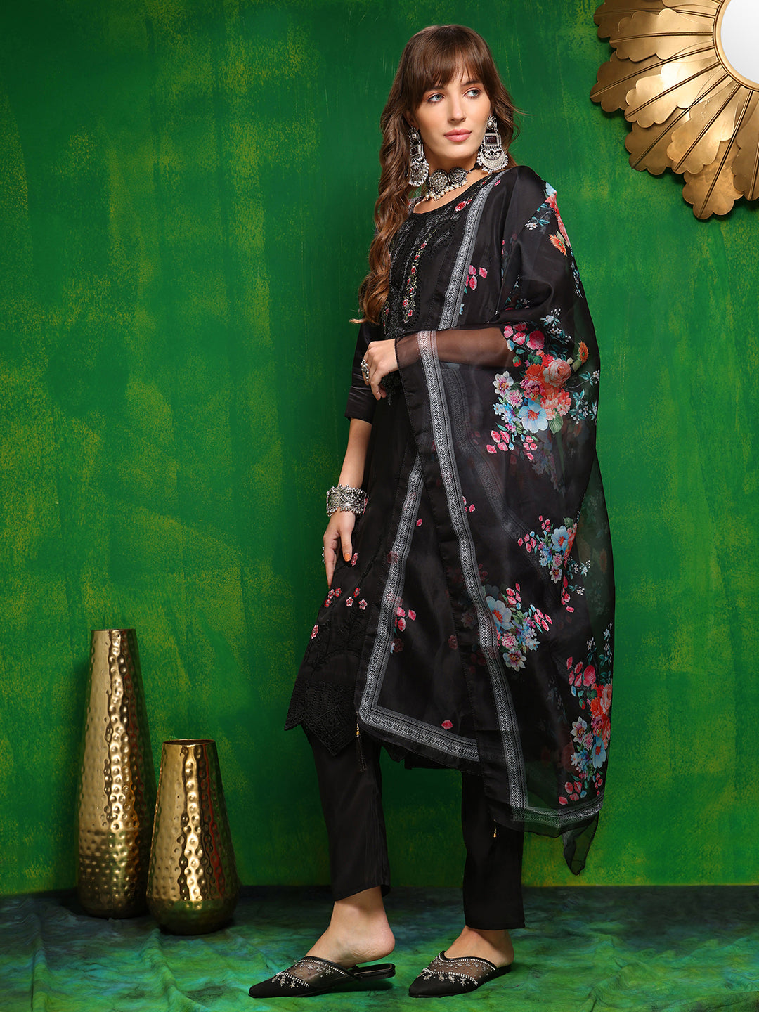 Pakistani Embroidered Kurta With Pant & Dupatta, Black - Hiral Fashion