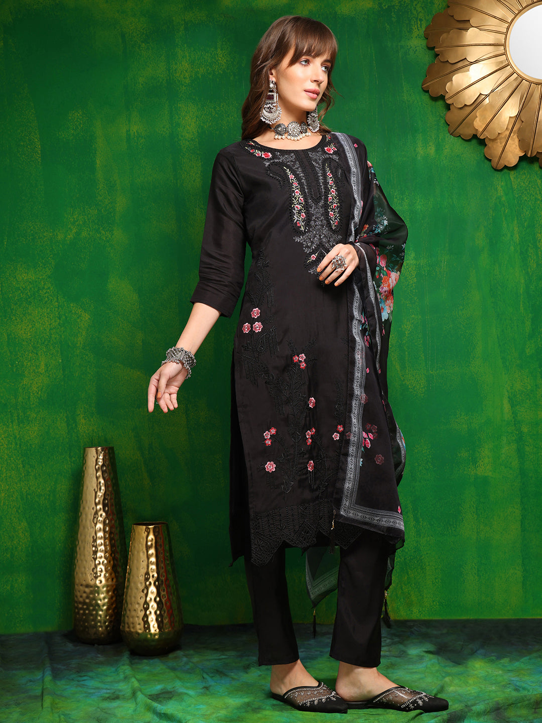 Pakistani Embroidered Kurta With Pant & Dupatta, Black - Hiral Fashion