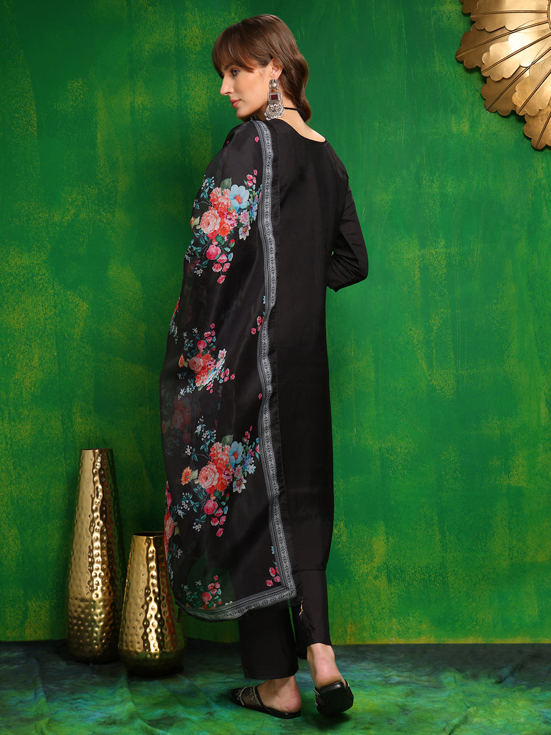 Pakistani Embroidered Kurta With Pant & Dupatta, Black - Hiral Fashion