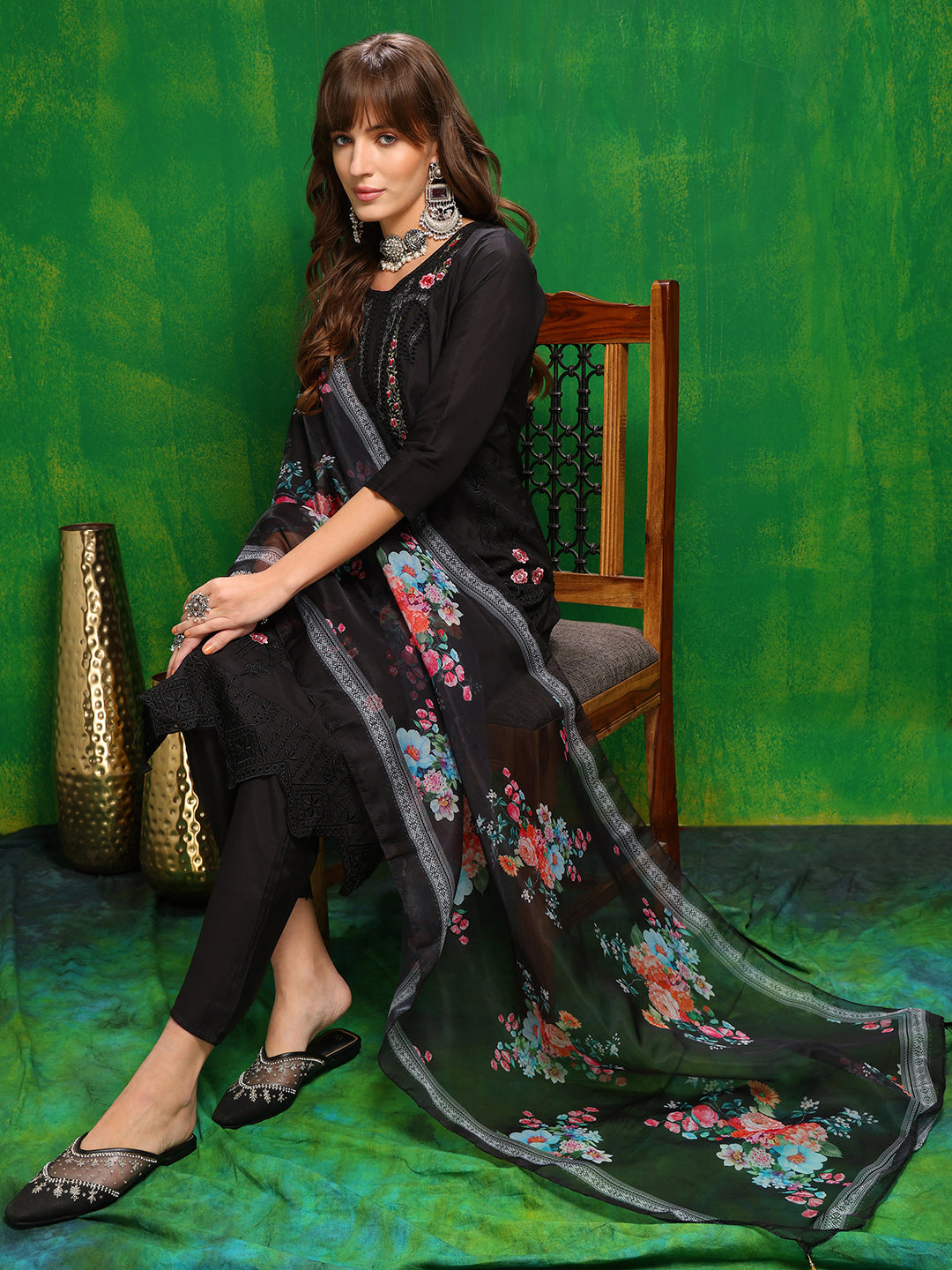 Pakistani Embroidered Kurta With Pant & Dupatta, Black - Hiral Fashion