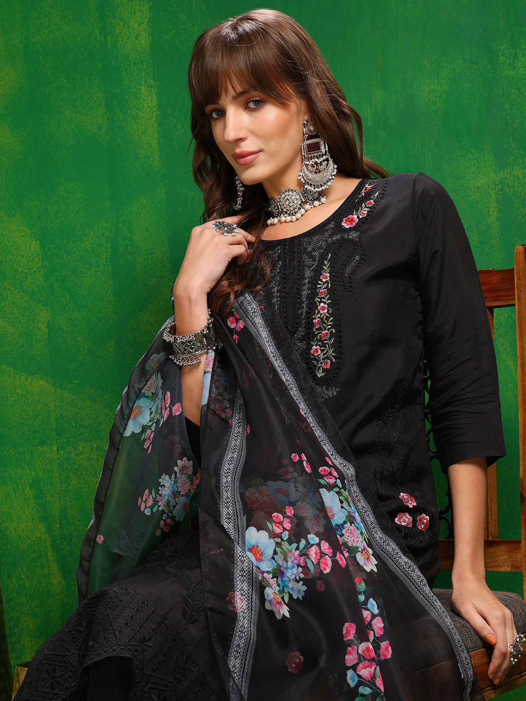 Pakistani Embroidered Kurta With Pant & Dupatta, Black - Hiral Fashion