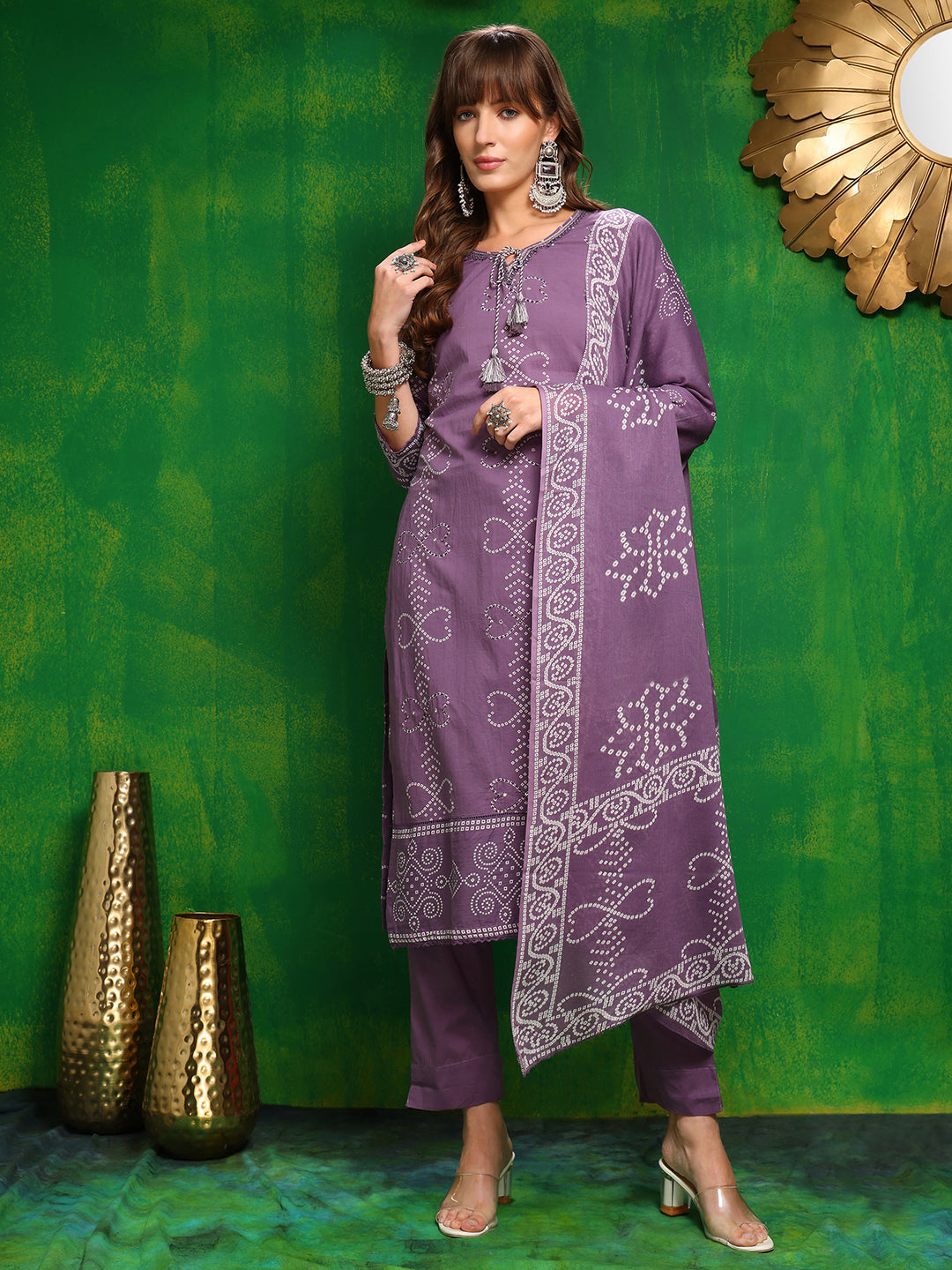 Bandhani Printed And Embroidered Kurta With Pant & Dupatta, Lavender - Hiral Fashion