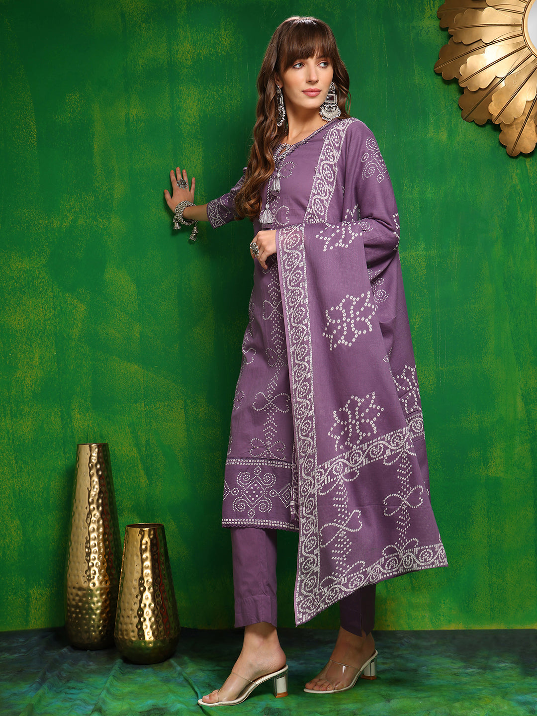 Bandhani Printed And Embroidered Kurta With Pant & Dupatta, Lavender - Hiral Fashion