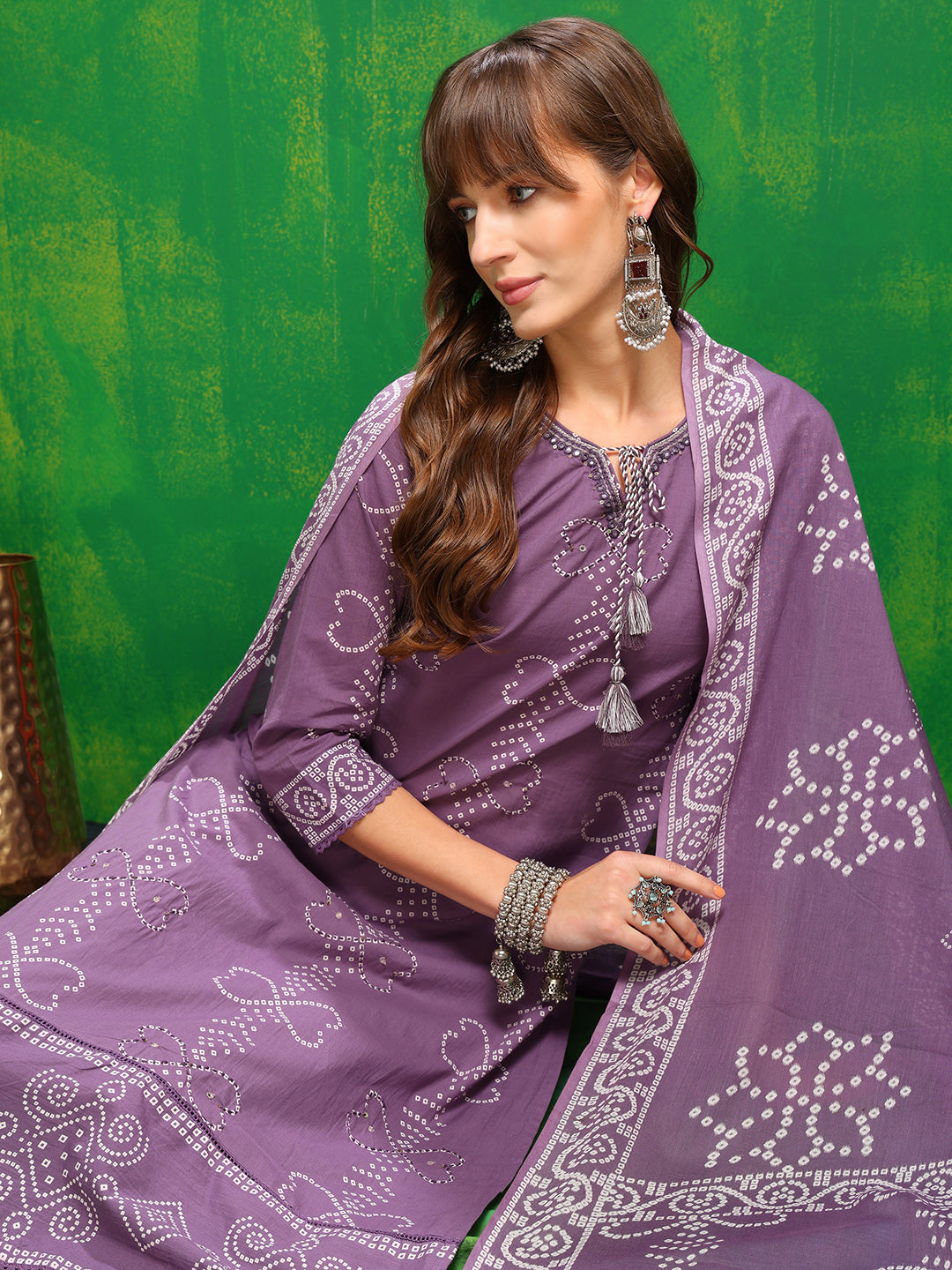 Bandhani Printed And Embroidered Kurta With Pant & Dupatta, Lavender - Hiral Fashion