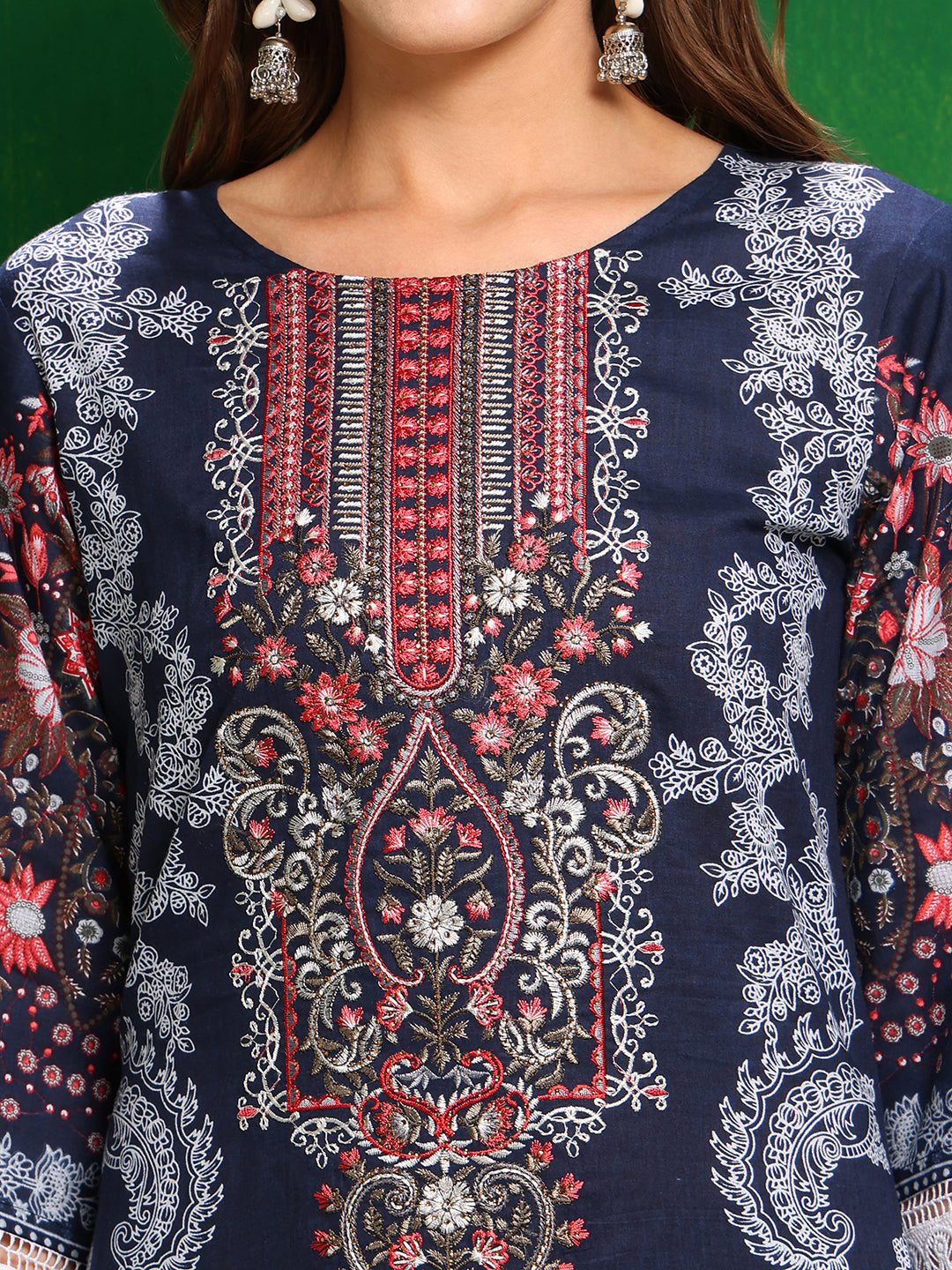 Pakistani Printed Kurta With Pant & Dupatta, Blue - Hiral Fashion